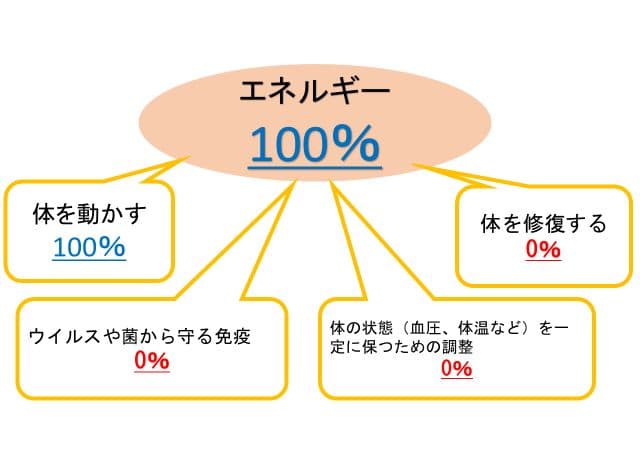 体のエネルギーが運動に偏り回復や免疫に使われない状態を示した図