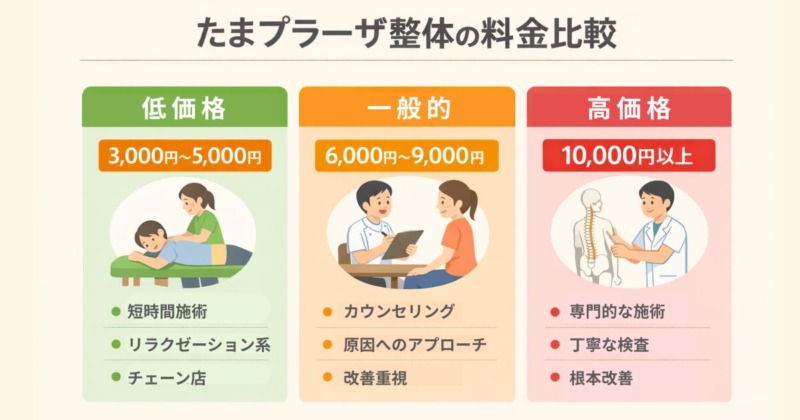 たまプラーザ整体の料金相場を3つの価格帯で比較したイメージ